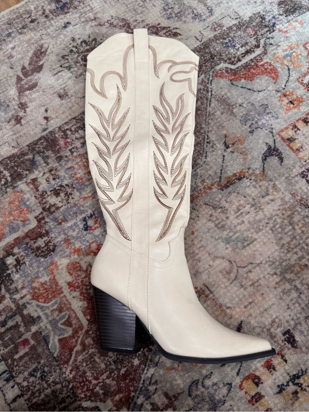 Women's Cream Western Knee-High Heeled Boot